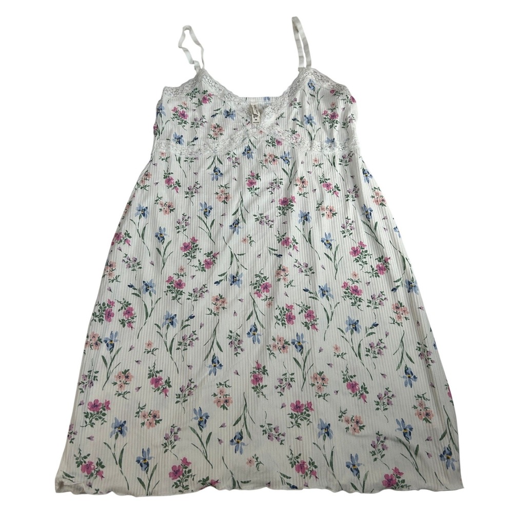 Laura Ashley Floral Ribbed Lace Trim Nightgown White Pink Blue Medium 1898-37